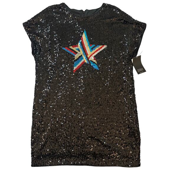 Aidan Mattox Black/Rainbow, Short Sleeve, Sequin, Star, Shirt Mini Dress NWT- 12 - Picture 1 of 10